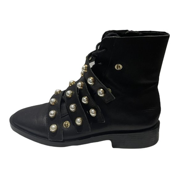 Zara Trafaluc Pearl Strap Lace Up Faux Leather Combat Ankle Boots Black … - Picture 14 of 14